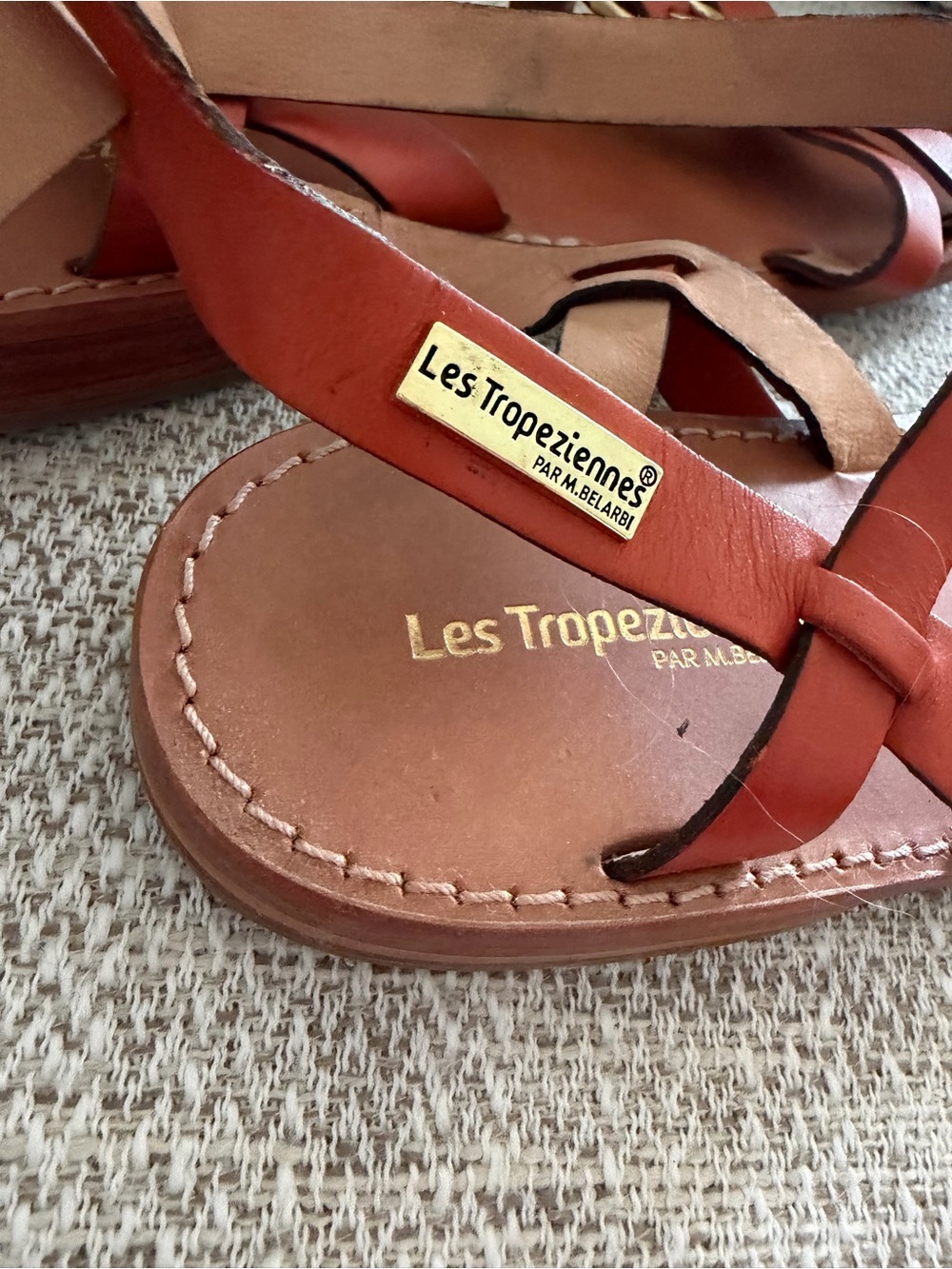 Les Tropeziennes Cognac Leather T-Strap Sandals